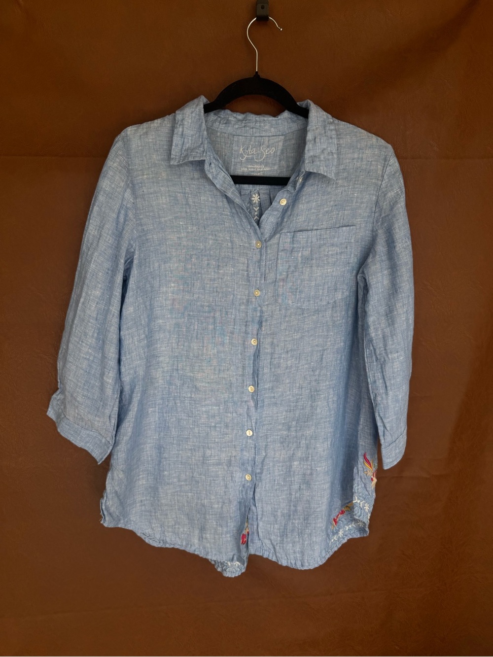 Kyla Seo Womens M 100% Linen Blue Floral Embroidered Button Down Boho Shirt